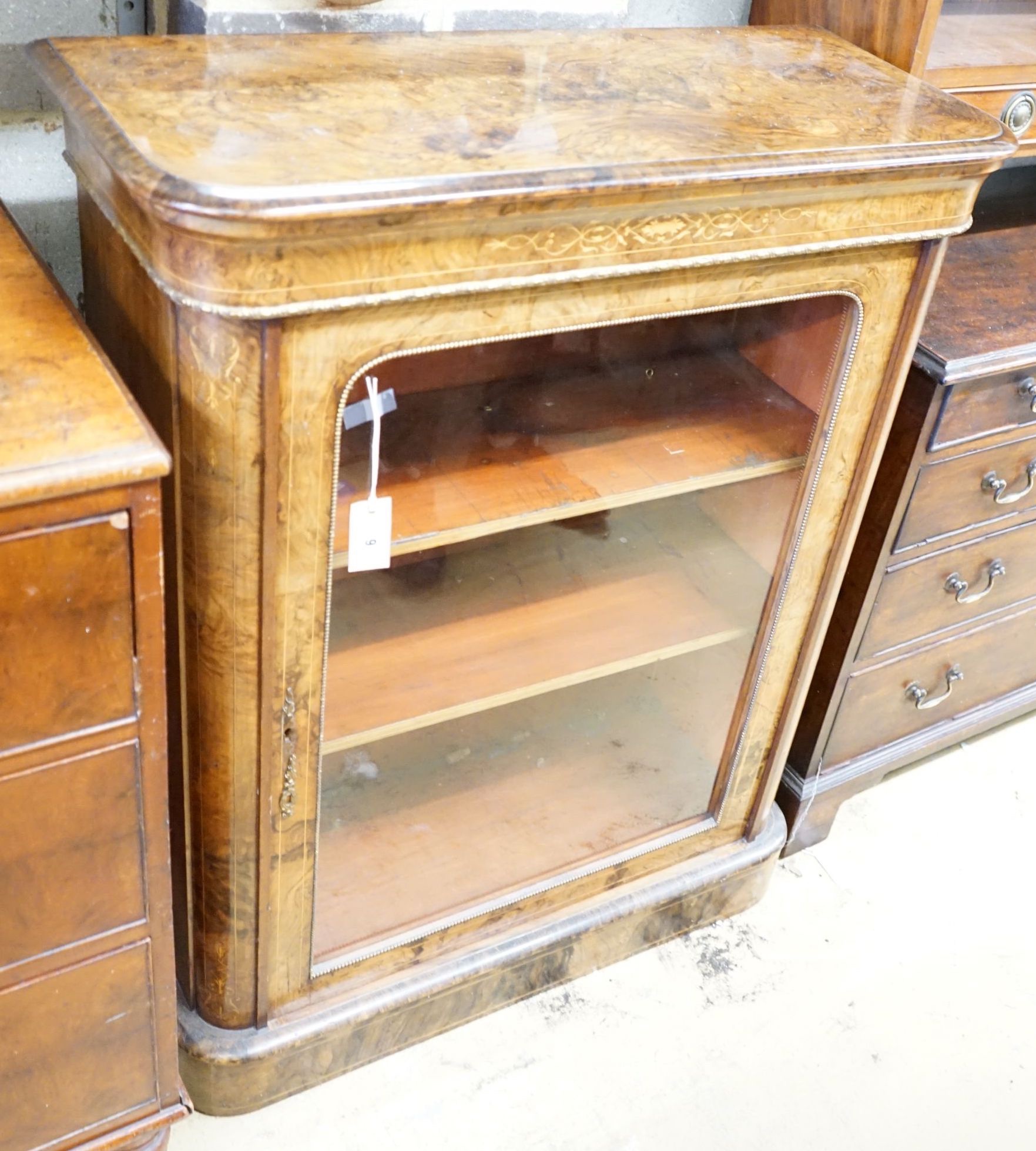 A Victorian inlaid gilt metal mounted figured walnut pier cabinet, width 84cm, depth 35cm, height 105cm